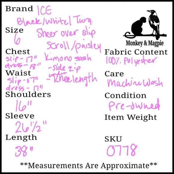 ICE Dress Turquoise Black Green Kimono Style Sash Built In Slip Size 6 - Picture 9 of 9